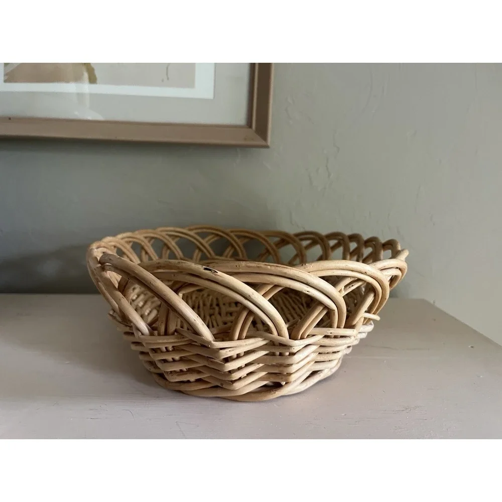 Vintage Basket Bread Roll Serve Fruit Floral Egg Woven Braided Wicker 12.5